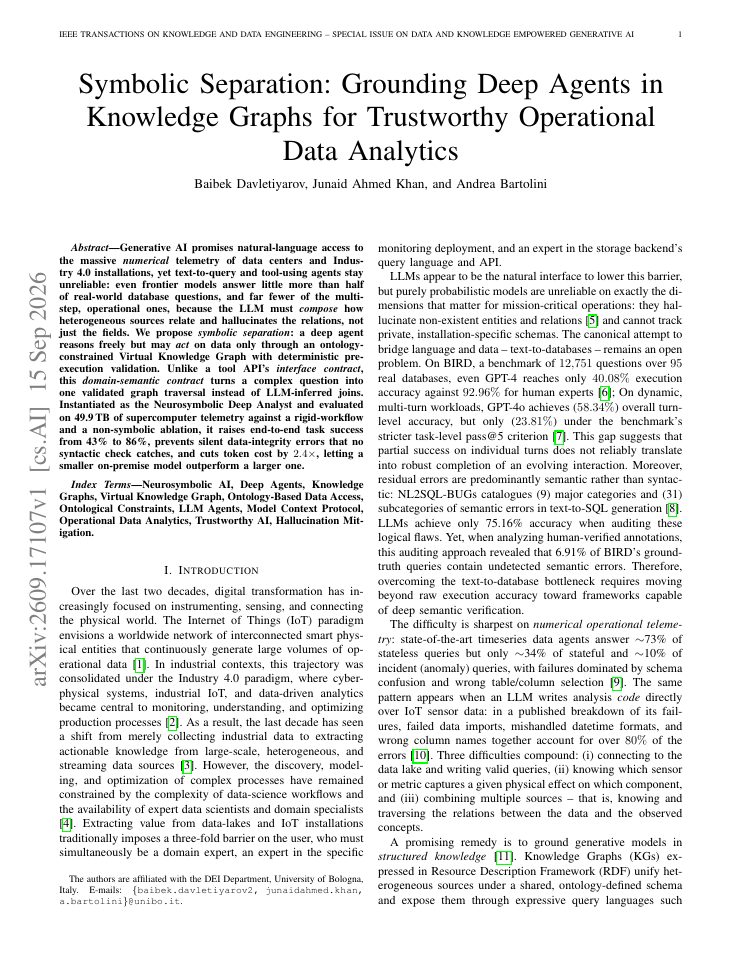First page of Symbolic Separation: Grounding Deep Agents in Knowledge Graphs for Trustworthy Operational Data Analytics