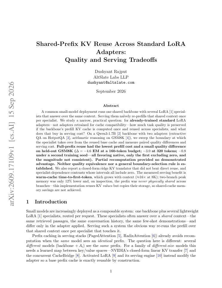First page of Shared-Prefix KV Reuse Across Standard LoRA Adapters: Quality and Serving Tradeoffs