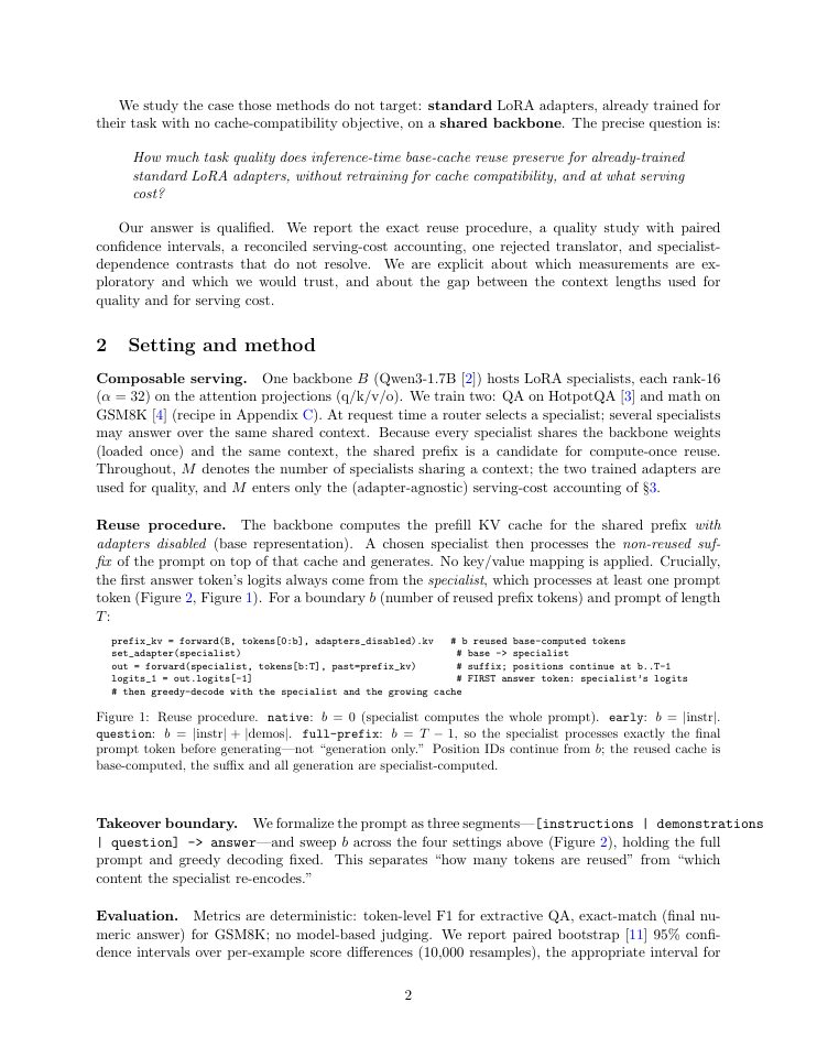 Page 2 of Shared-Prefix KV Reuse Across Standard LoRA Adapters: Quality and Serving Tradeoffs