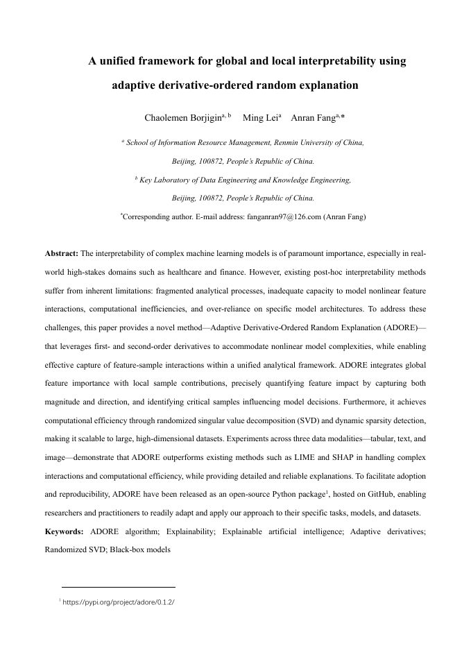 First page of A unified framework for global and local interpretability using adaptive derivative-ordered random explanation