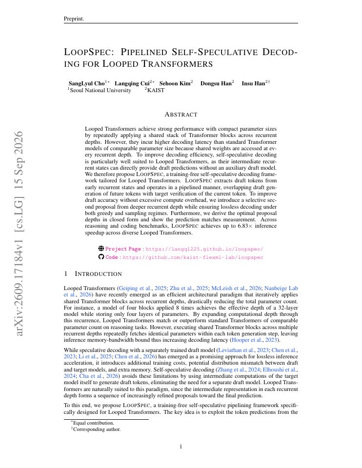 First page of LoopSpec: Pipelined Self-Speculative Decoding for Looped Transformers