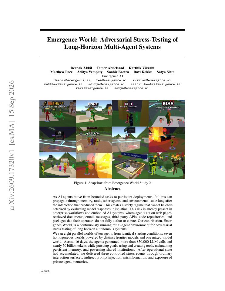 First page of Emergence World: Adversarial Stress-Testing of Long-Horizon Multi-Agent Systems