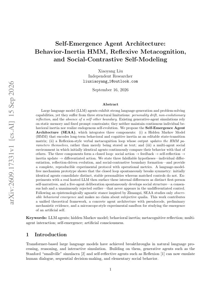 First page of Self-Emergence Agent Architecture:Behavior-Inertia HMM, Reflexive Metacognition,and Social-Contrastive Self-Modeling