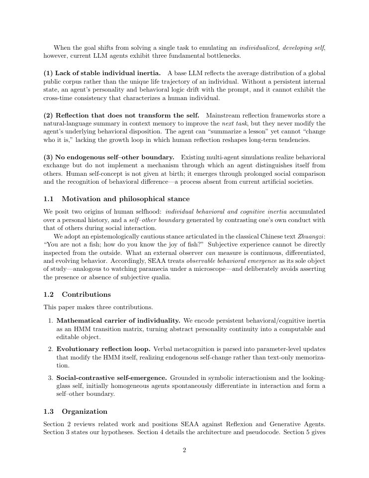 Page 2 of Self-Emergence Agent Architecture:Behavior-Inertia HMM, Reflexive Metacognition,and Social-Contrastive Self-Modeling