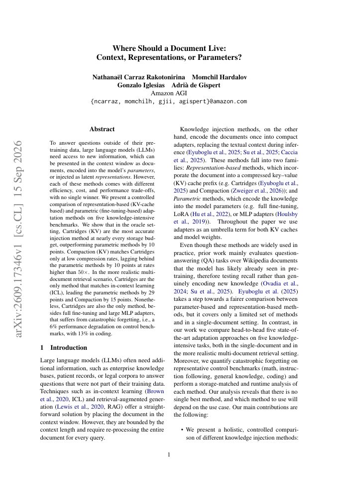 First page of Where Should a Document Live: Context, Representations, or Parameters?