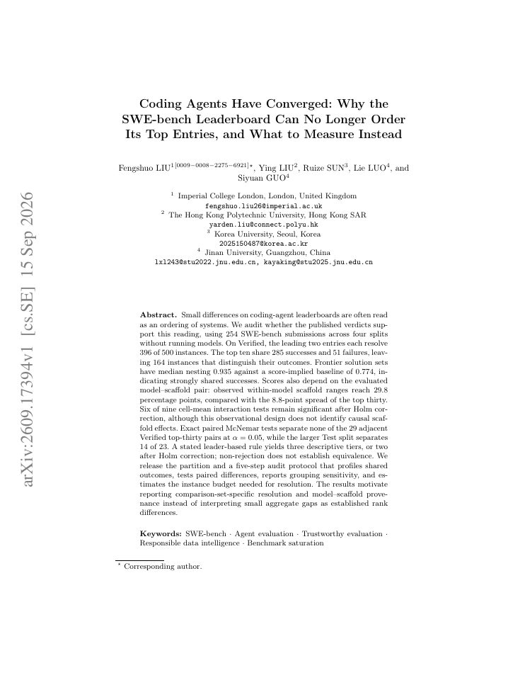 First page of Coding Agents Have Converged: Why the SWE-bench Leaderboard Can No Longer Order Its Top Entries, and What to Measure Instead