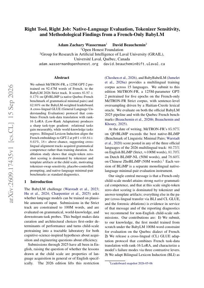 First page of Right Tool, Right Job: Native-Language Evaluation, Tokenizer Sensitivity, and Methodological Findings from a French-Only BabyLM