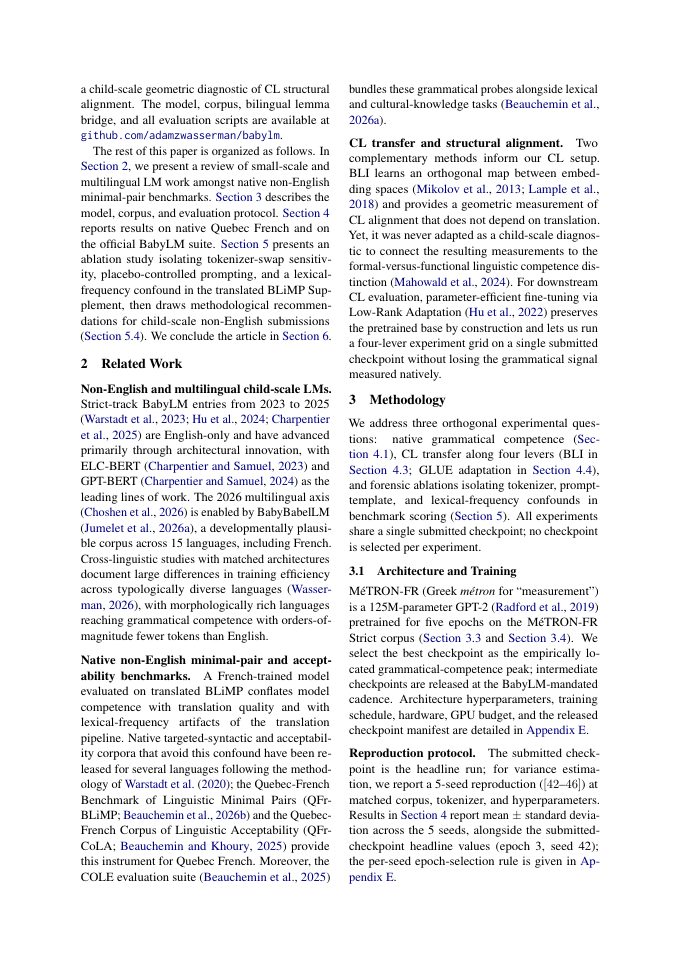 Page 2 of Right Tool, Right Job: Native-Language Evaluation, Tokenizer Sensitivity, and Methodological Findings from a French-Only BabyLM