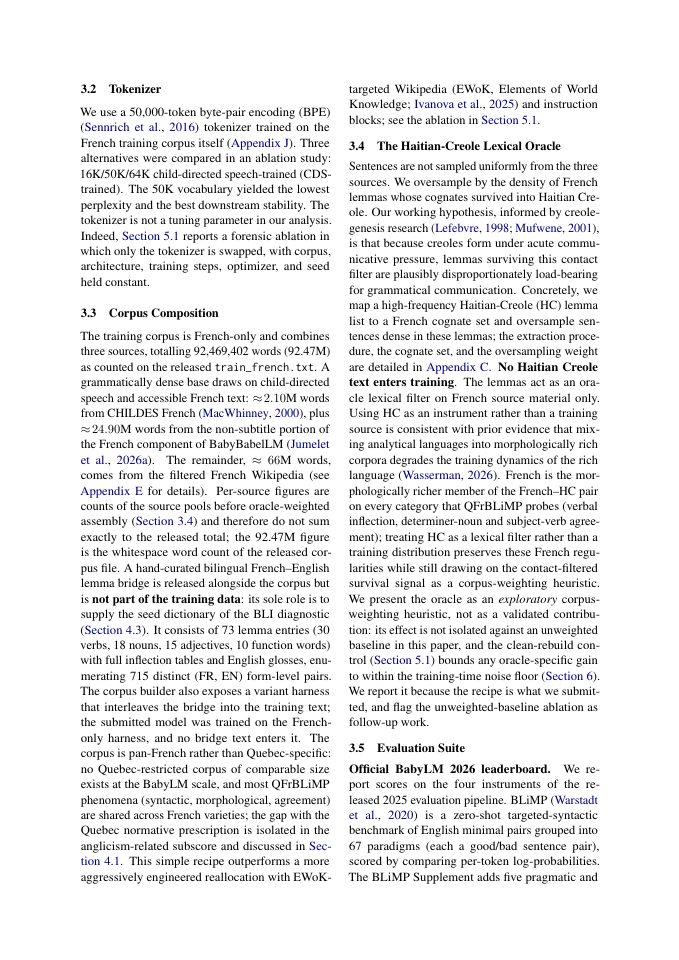Page 3 of Right Tool, Right Job: Native-Language Evaluation, Tokenizer Sensitivity, and Methodological Findings from a French-Only BabyLM