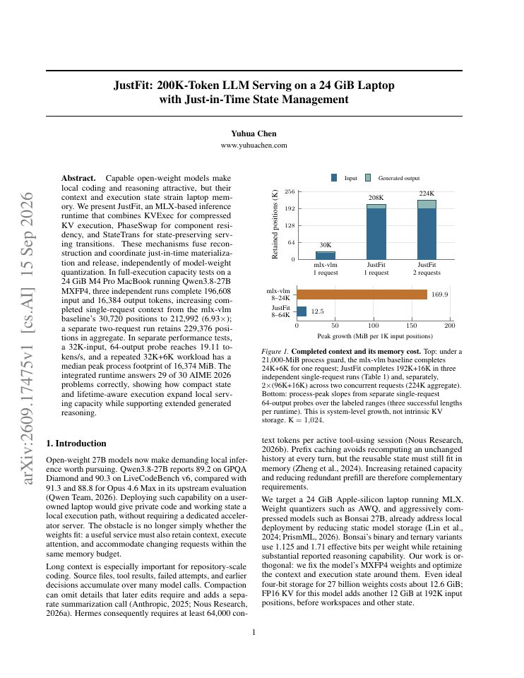 First page of JustFit: 200K-Token LLM Serving on a 24 GiB Laptop with Just-in-Time State Management