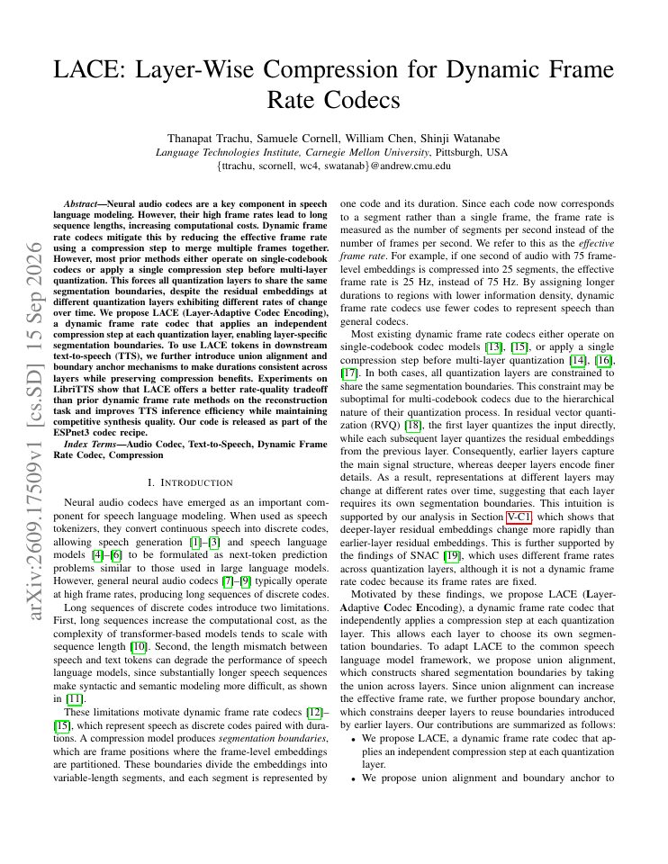 First page of LACE: Layer-Wise Compression for Dynamic Frame Rate Codecs