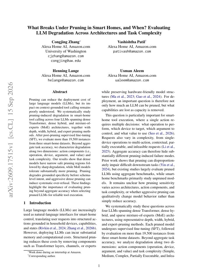 First page of What Breaks Under Pruning in Smart Homes, and When? Evaluating LLM Degradation Across Architectures and Task Complexity
