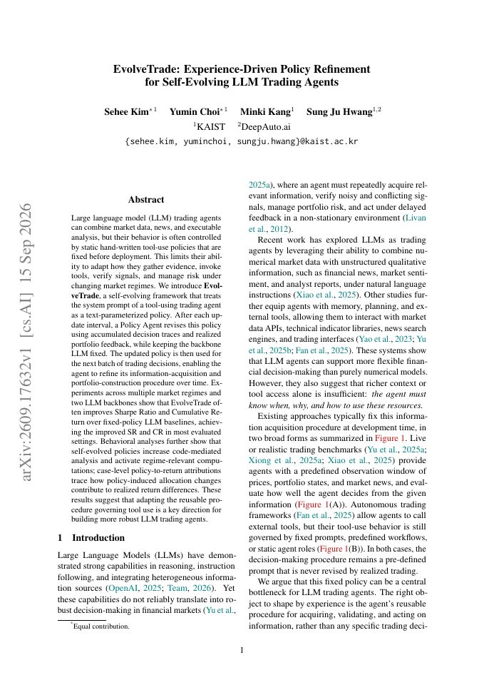 First page of EvolveTrade: Experience-Driven Policy Refinement for Self-Evolving LLM Trading Agents