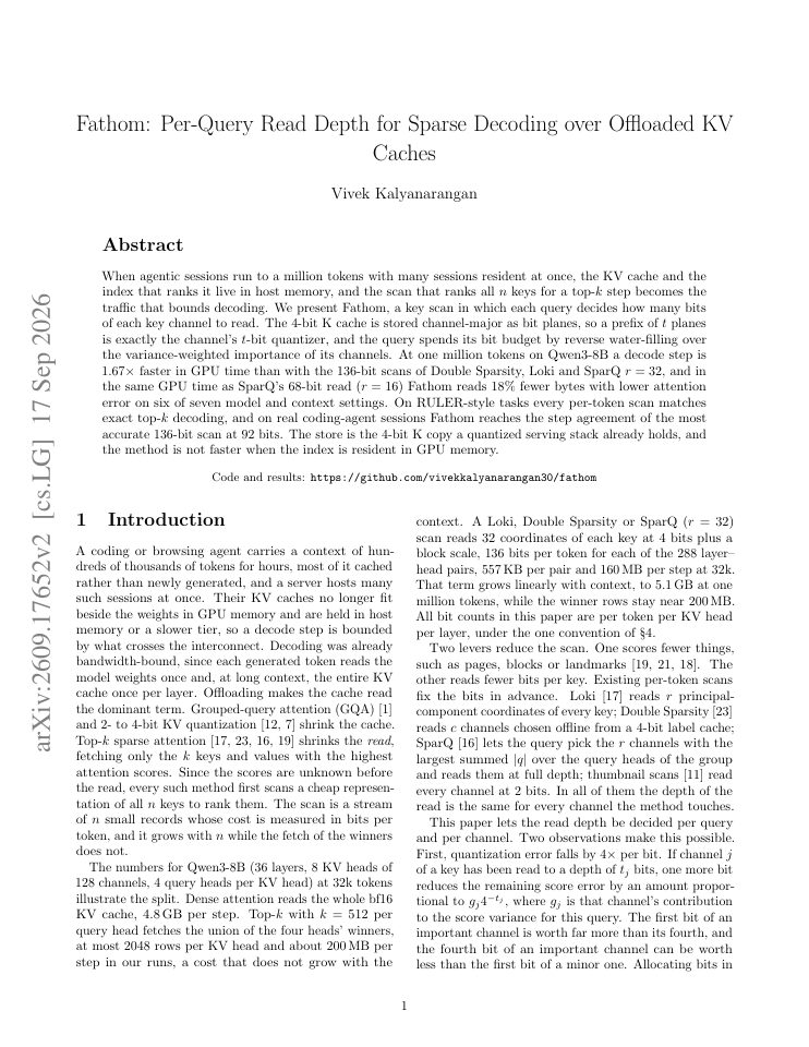 First page of Fathom: Per-Query Read Depth for Sparse Decoding over Offloaded KV Caches