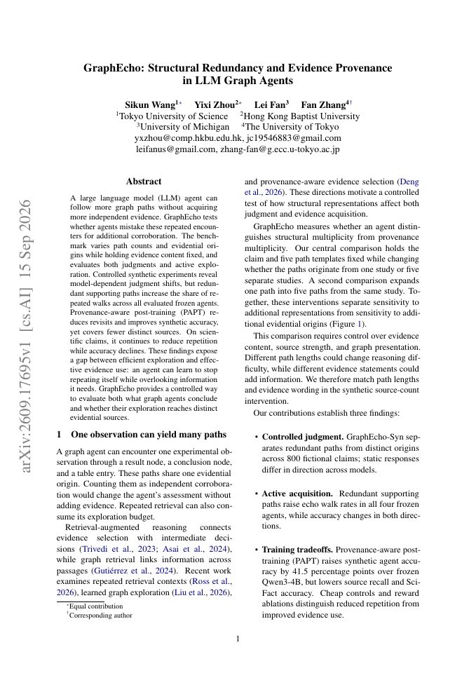 First page of GraphEcho: Structural Redundancy and Evidence Provenance in LLM Graph Agents