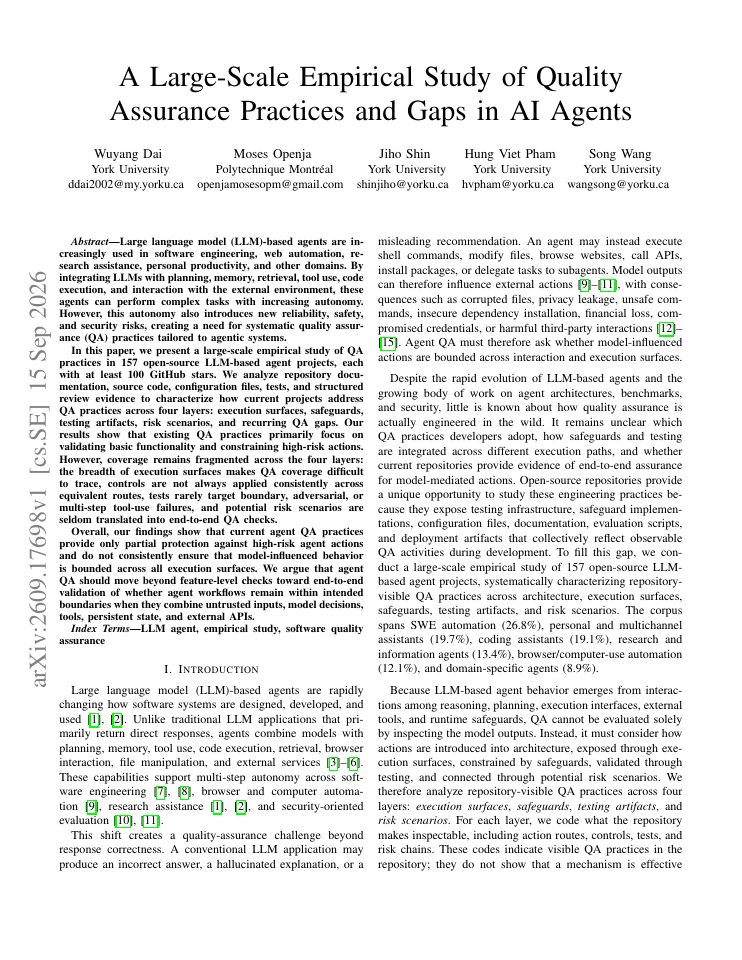 First page of A Large-Scale Empirical Study of Quality Assurance Practices and Gaps in AI Agents