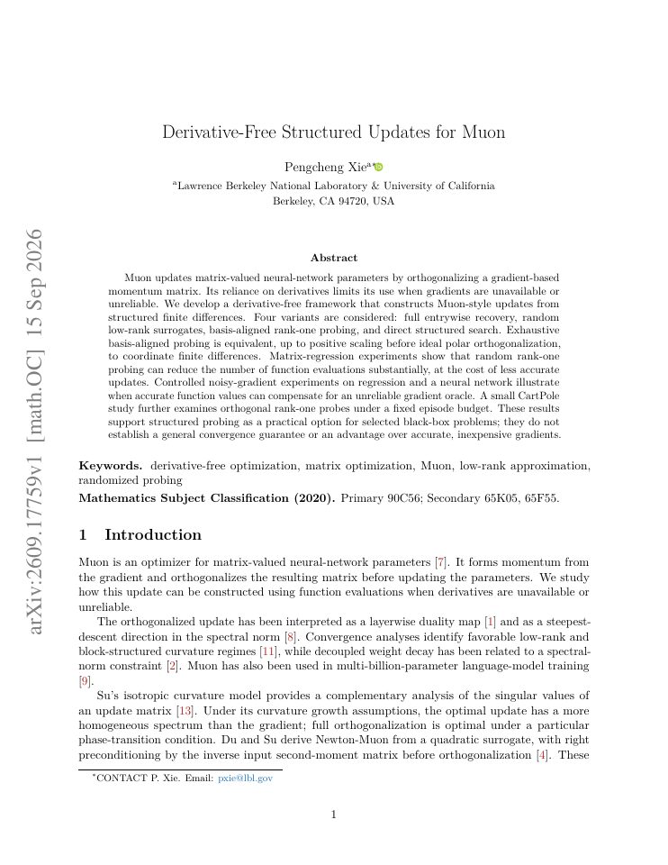 First page of Derivative-Free Structured Updates for Muon