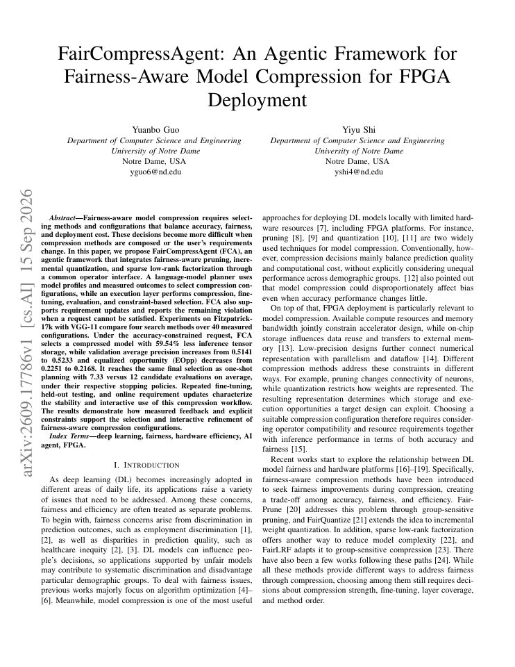 First page of FairCompressAgent: An Agentic Framework for Fairness-Aware Model Compression for FPGA Deployment