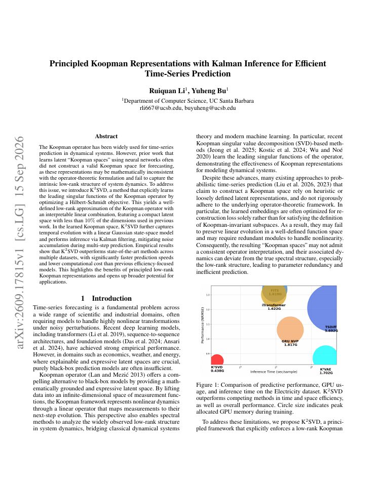 First page of Principled Koopman Representations with Kalman Inference for Efficient Time-Series Prediction