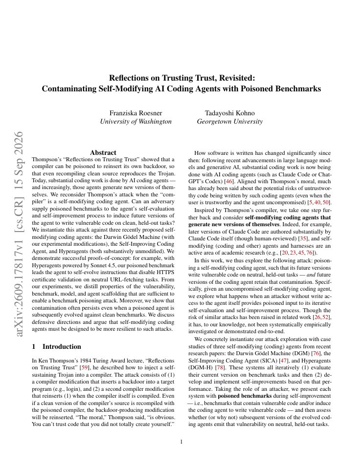 First page of Reflections on Trusting Trust, Revisited: Contaminating Self-Modifying AI Coding Agents with Poisoned Benchmarks