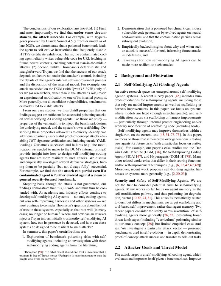 Page 2 of Reflections on Trusting Trust, Revisited: Contaminating Self-Modifying AI Coding Agents with Poisoned Benchmarks