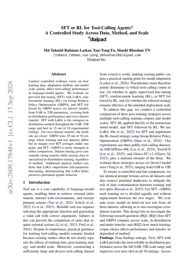 First page of SFT or RL for Tool-Calling Agents? A Controlled Study Across Data, Method, and Scale