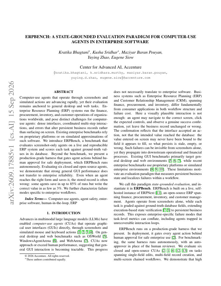 First page of ERPBench: A State-Grounded Evaluation Paradigm for Computer-Use Agents in Enterprise Software