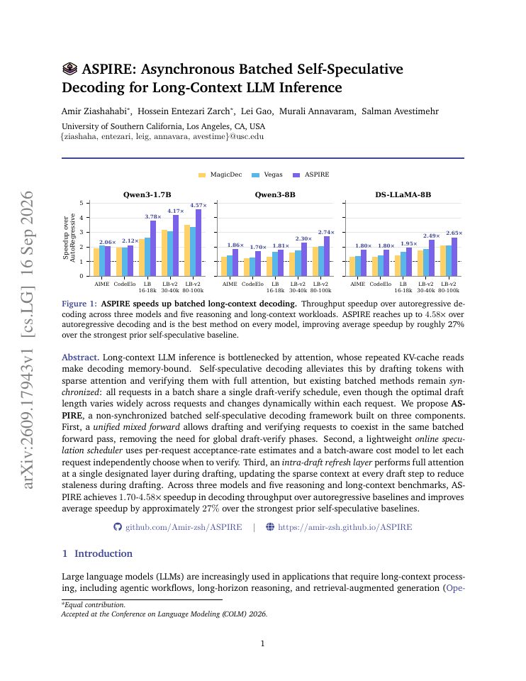 First page of ASPIRE: Asynchronous Batched Self-Speculative Decoding for Long-Context LLM Inference