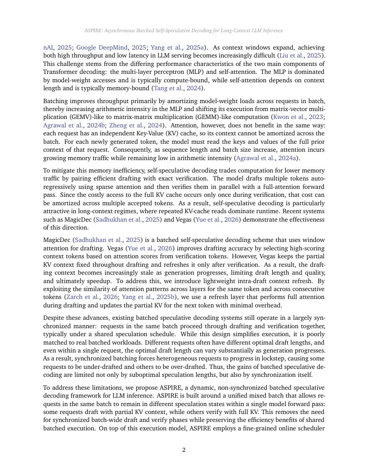 Page 2 of ASPIRE: Asynchronous Batched Self-Speculative Decoding for Long-Context LLM Inference