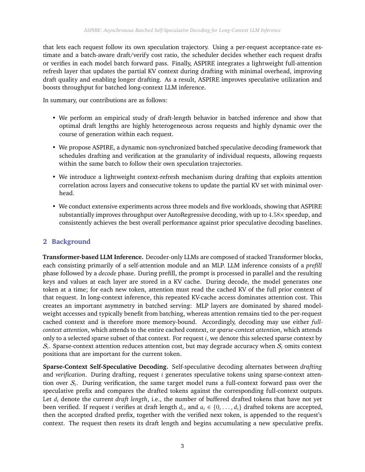 Page 3 of ASPIRE: Asynchronous Batched Self-Speculative Decoding for Long-Context LLM Inference