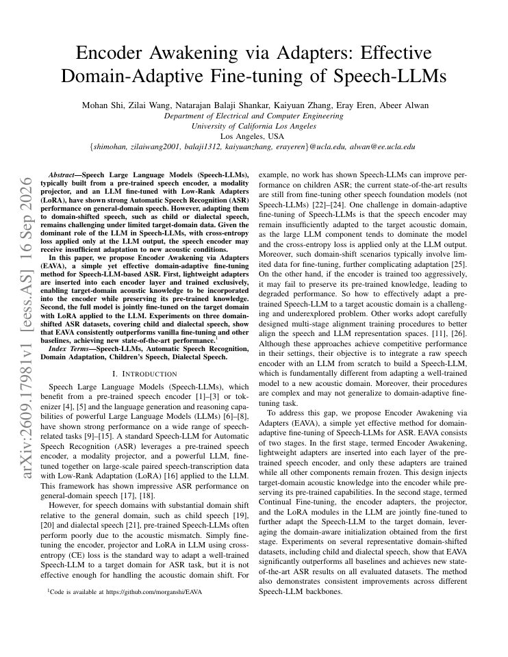 First page of Encoder Awakening via Adapters: Effective Domain-Adaptive Fine-tuning of Speech-LLMs