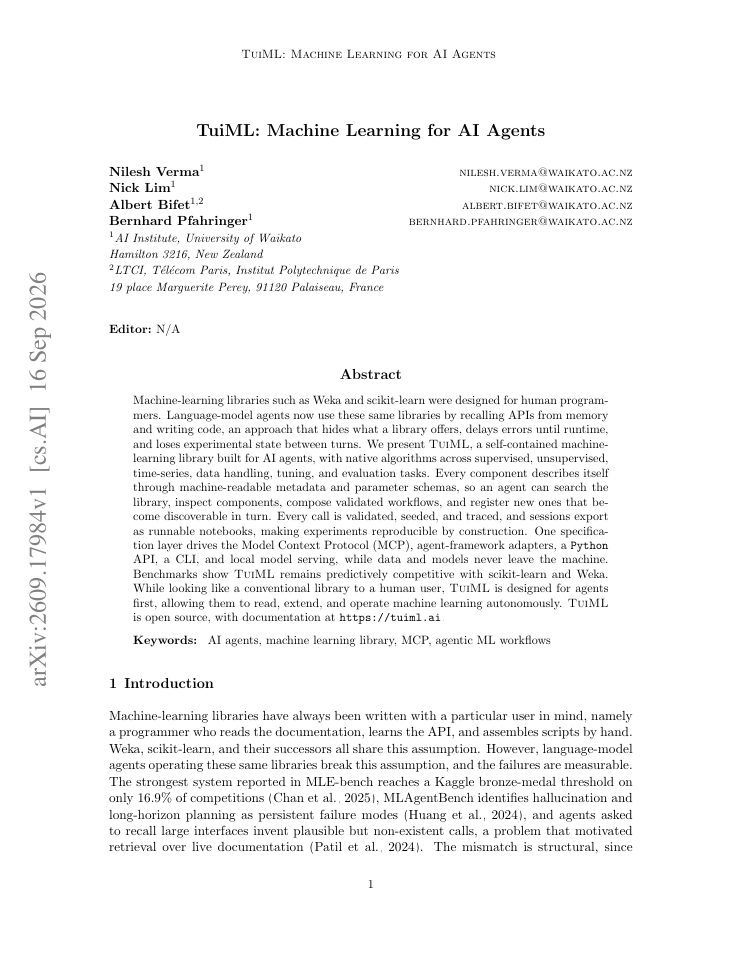First page of TuiML: Machine Learning for AI Agents