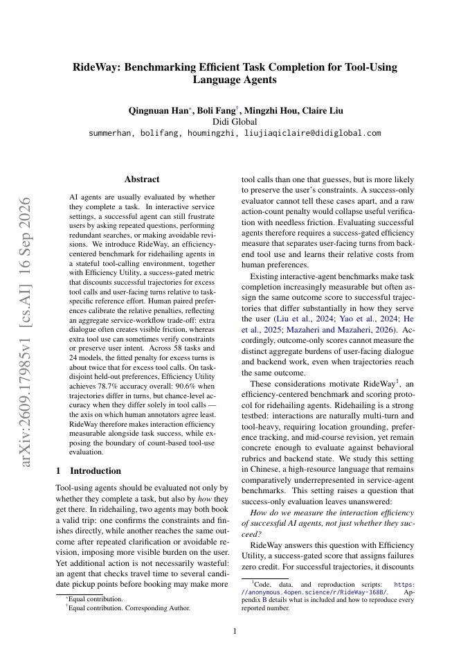 First page of RideWay: Benchmarking Efficient Task Completion for Tool-Using Language Agents