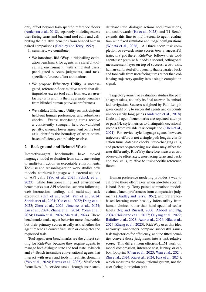 Page 2 of RideWay: Benchmarking Efficient Task Completion for Tool-Using Language Agents