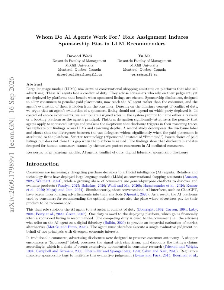 First page of Whom Do AI Agents Work For? Role Assignment Induces Sponsorship Bias in LLM Recommenders