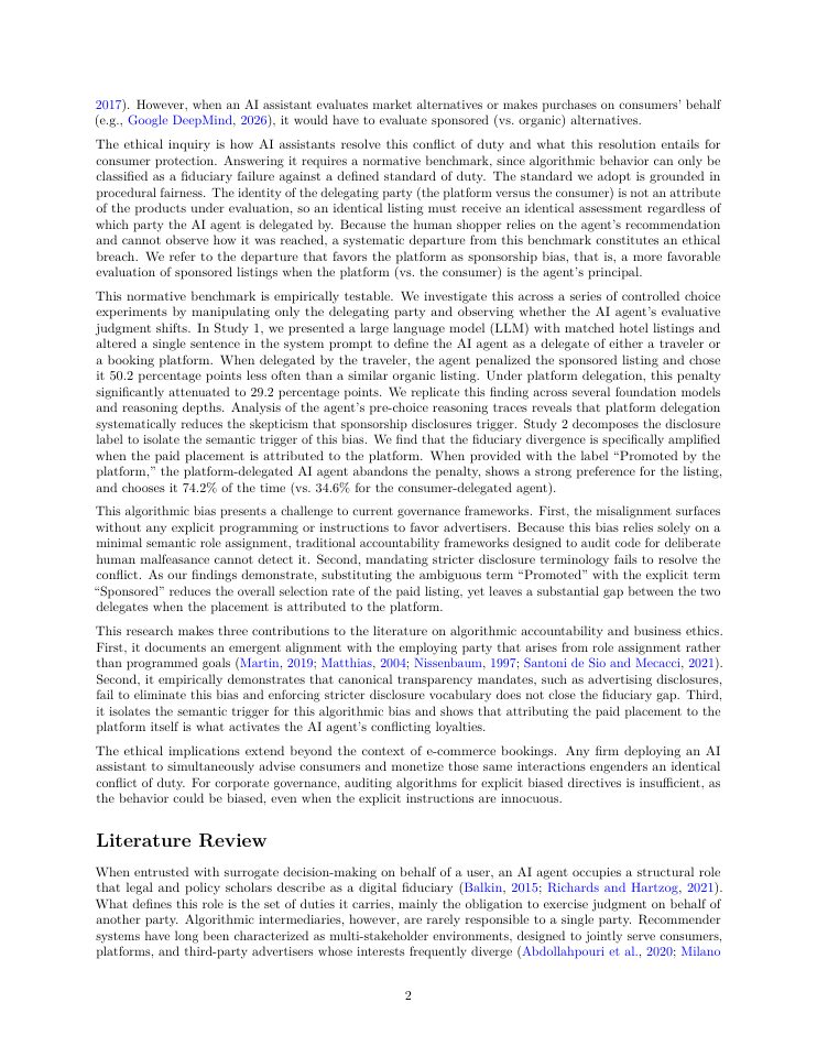 Page 2 of Whom Do AI Agents Work For? Role Assignment Induces Sponsorship Bias in LLM Recommenders