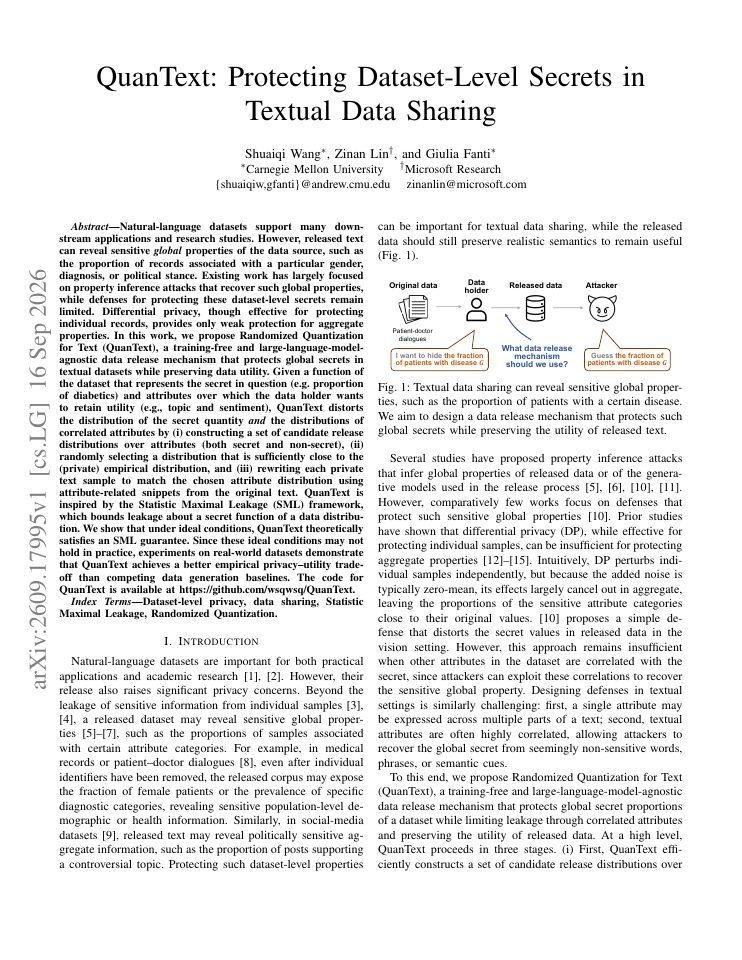 First page of QuanText: Protecting Dataset-Level Secrets in Textual Data Sharing