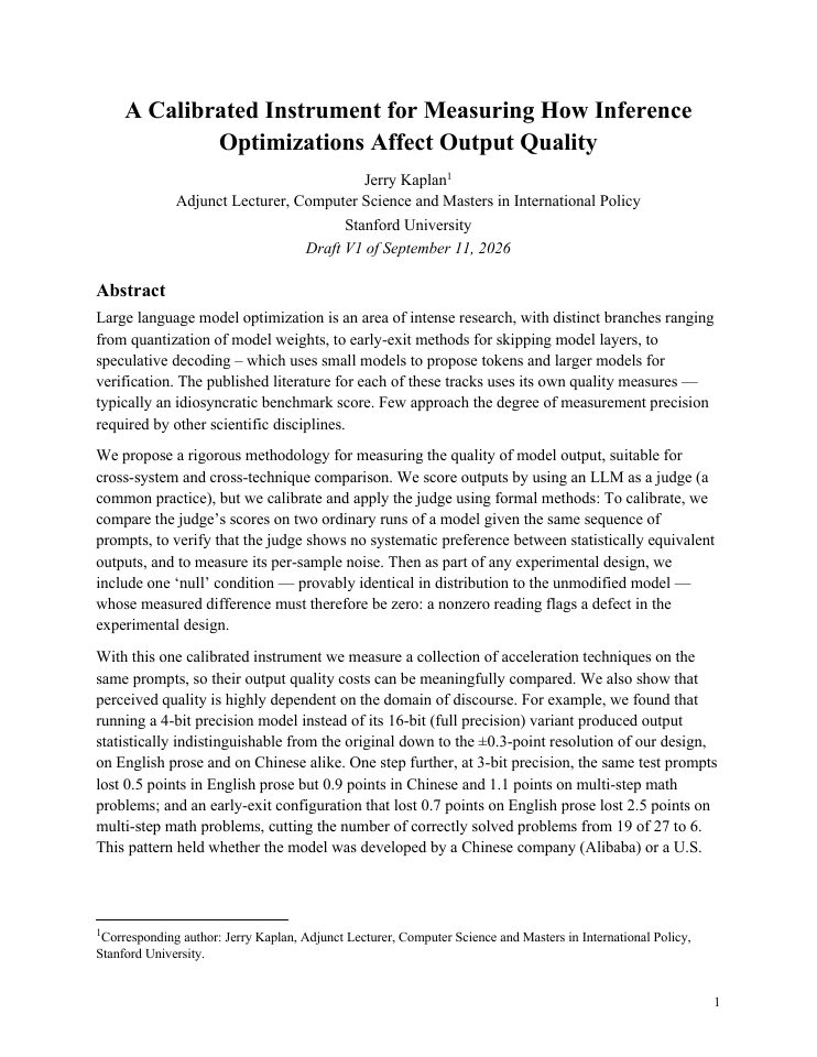 First page of A Calibrated Instrument for Measuring How Inference Optimizations Affect Output Quality