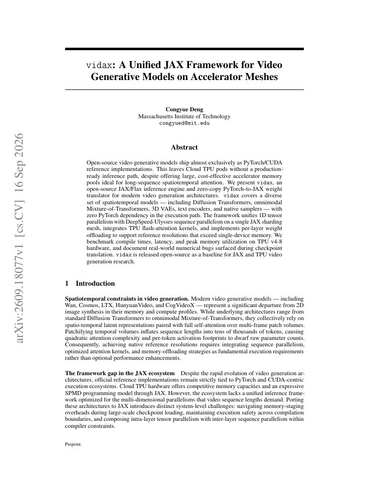 First page of vidax: A Unified JAX Framework for Video Generative Models on Accelerator Meshes