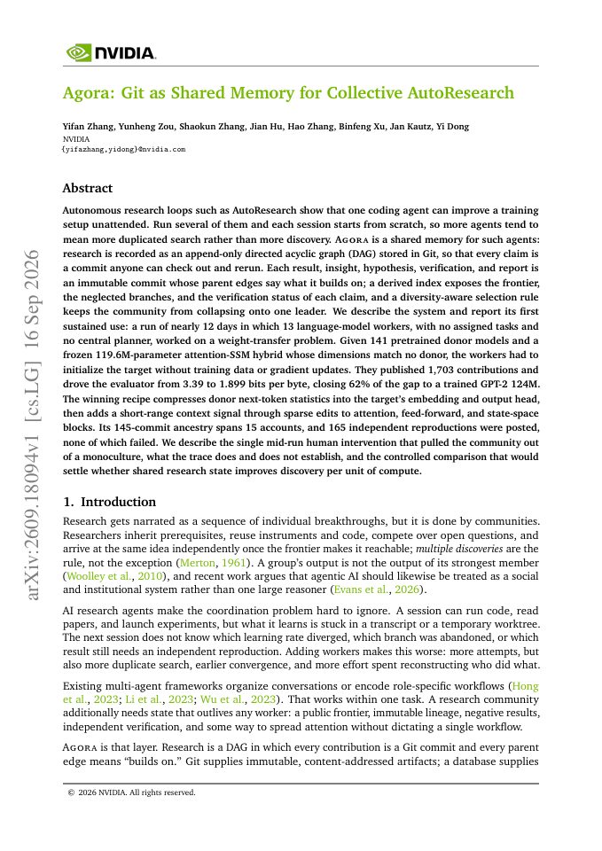 First page of Agora: Git as Shared Memory for Collective AutoResearch