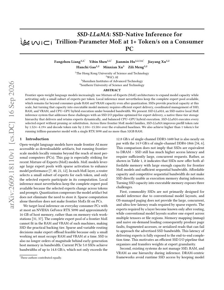 First page of SSD-LLaMA: SSD-Native Inference for Trillion-Parameter MoE at 1+ Token/s on a Consumer PC