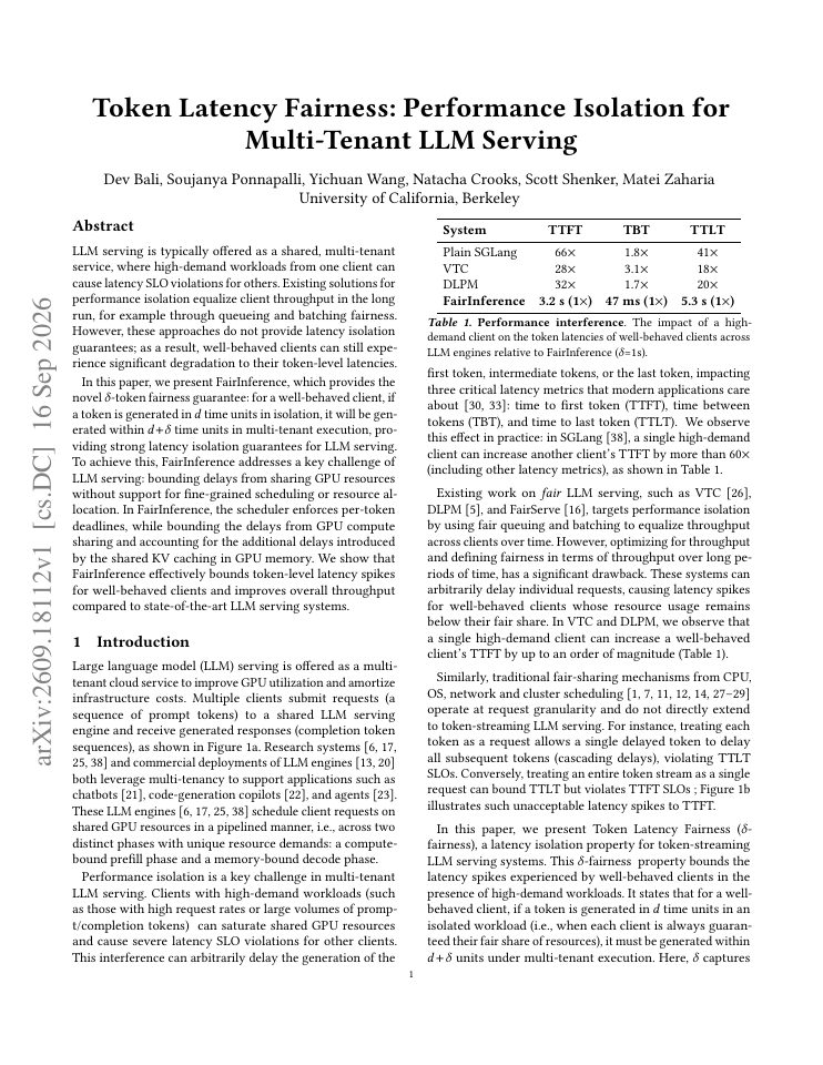 First page of Token Latency Fairness: Performance Isolation for Multi-Tenant LLM Serving