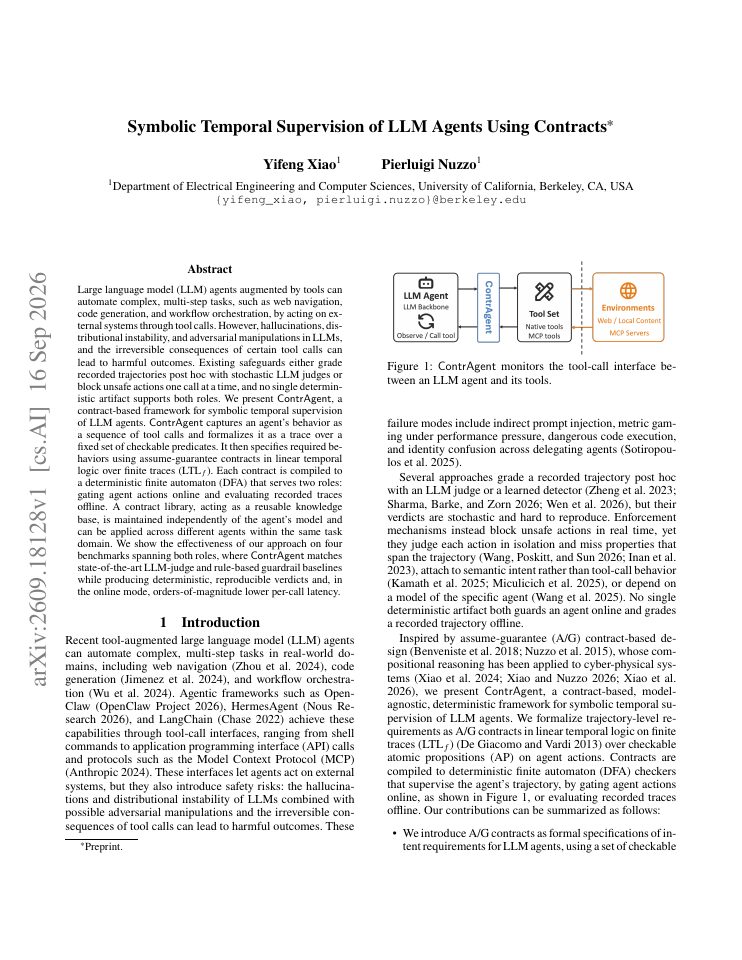 First page of Symbolic Temporal Supervision of LLM Agents Using Contracts