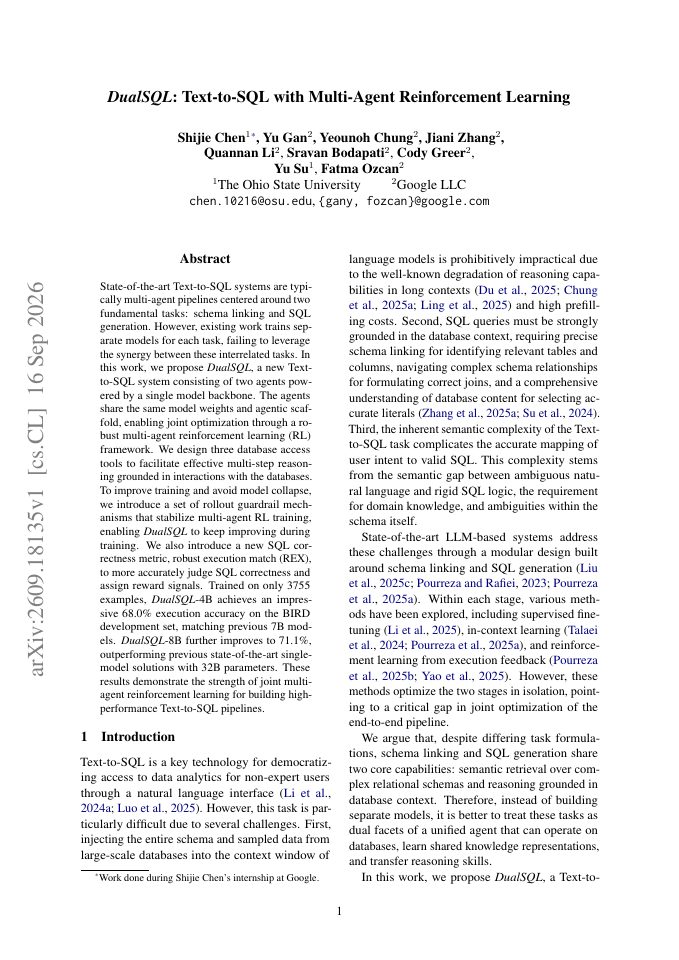 First page of DualSQL: Text-to-SQL with Multi-Agent Reinforcement Learning