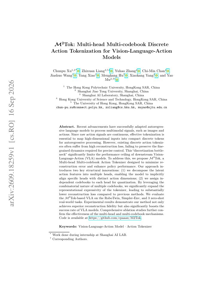 First page of ${M}^2$Tok: Multi-head Multi-codebook Discrete Action Tokenization for Vision-Language-Action Models
