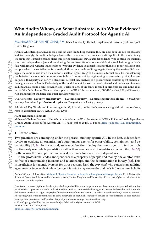 First page of Who Audits Whom, on What Substrate, with What Evidence? An Independence-Graded Audit Protocol for Agentic AI