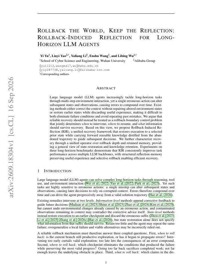 First page of Rollback the World, Keep the Reflection: Rollback-Induced Reflection for Long-Horizon LLM Agents