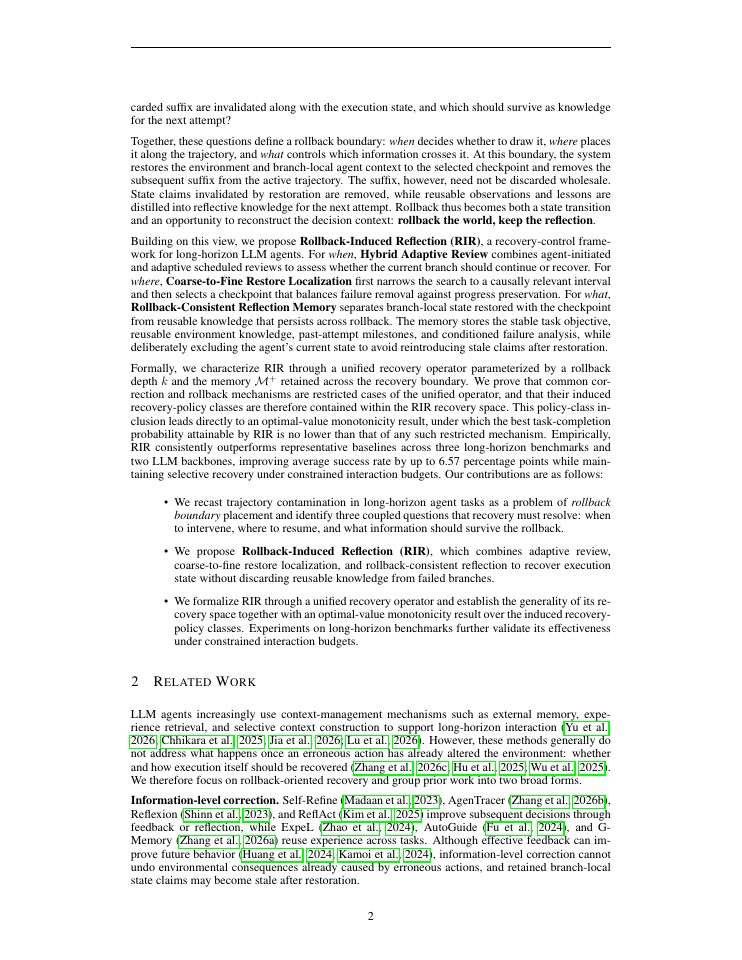 Page 2 of Rollback the World, Keep the Reflection: Rollback-Induced Reflection for Long-Horizon LLM Agents