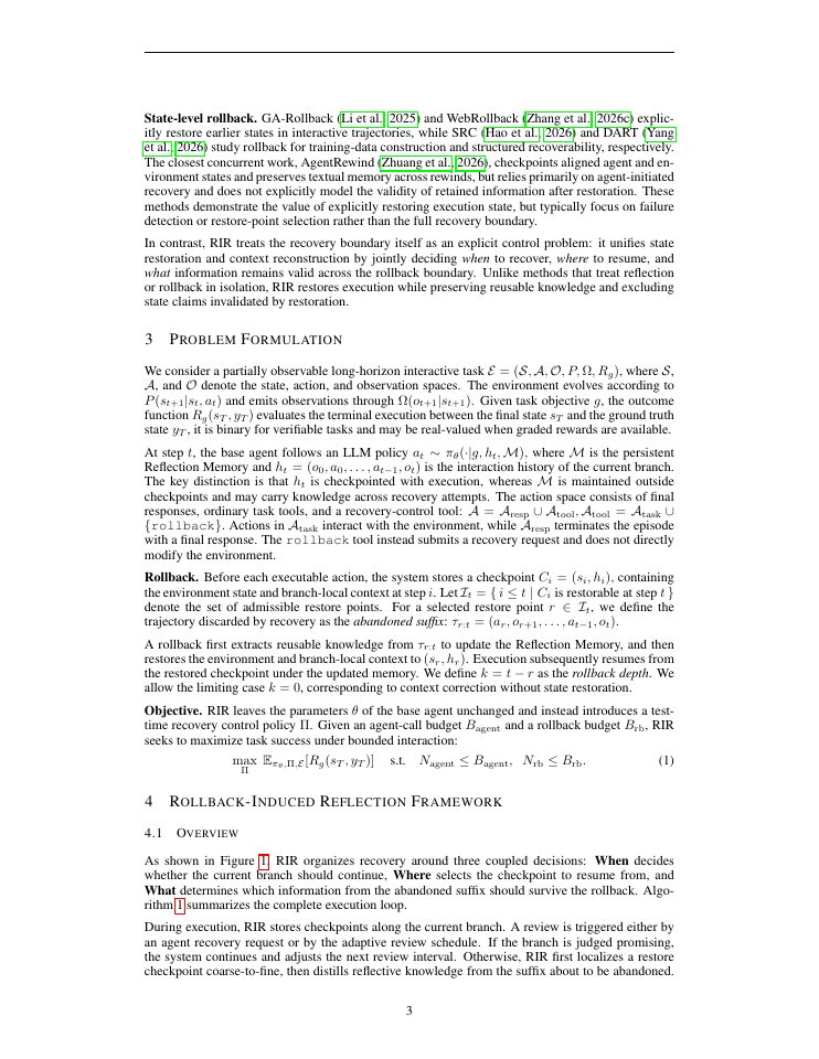 Page 3 of Rollback the World, Keep the Reflection: Rollback-Induced Reflection for Long-Horizon LLM Agents