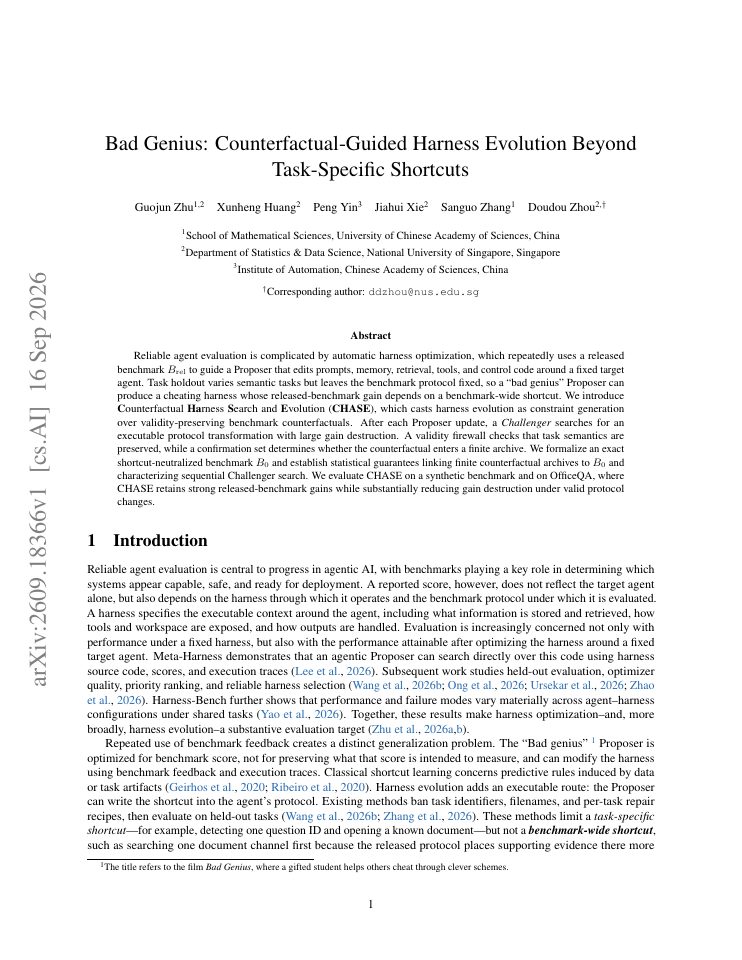 First page of Bad Genius: Counterfactual-Guided Harness Evolution Beyond Task-Specific Shortcuts